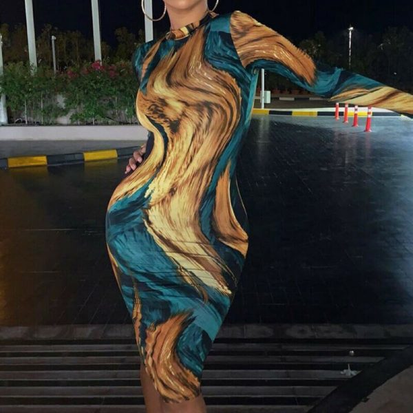 The Best Women's Sexy Painted Bodycon Dress Fashion Ladies Long Sleeve Autumn Winter Slim Tight Hip Short Mini Dresses Online - Hplify