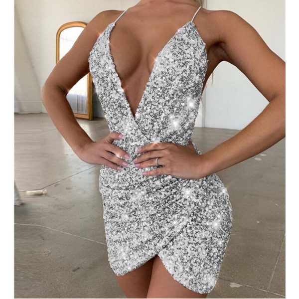 The Best Women's Sexy V Neck Straps Backless Bodycon Sequin Dress Irregular Sexy Sequin Dress Sexy Ladies V-Neck Sequined Dress Online - Hplify