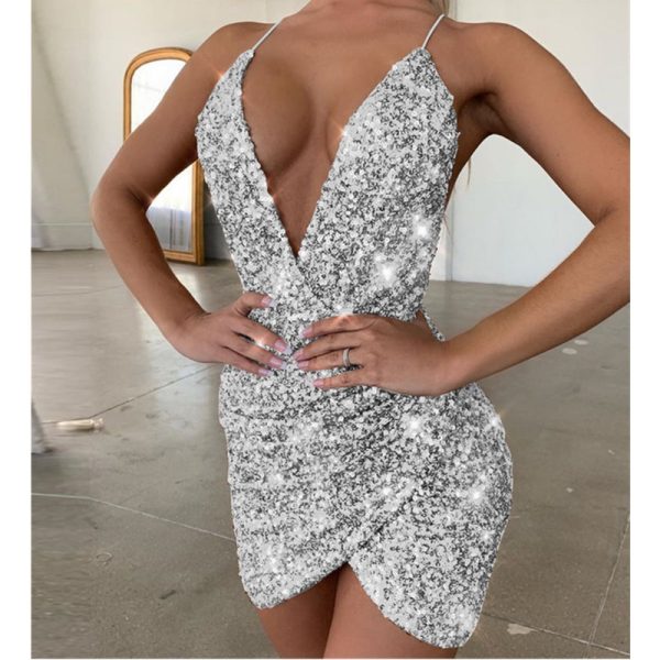 The Best Women's Sexy V Neck Straps Backless Bodycon Sequin Dress Irregular Sexy Sequin Dress Sexy Ladies V-Neck Sequined Dress Online - Hplify
