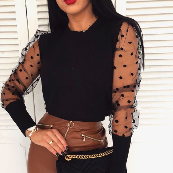 The Best Women's Sheer Mesh See-through Blouse 2019 New Fashion Elegant Slim Polka Dot Puff Long Sleeve Tops Shirt Turtleneck Fall Blouse Online - Hplify