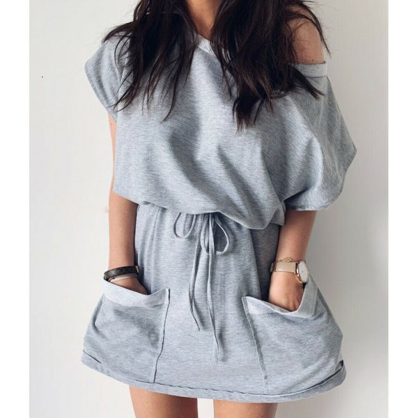 The Best Women's Summer Pocket Solid Short Sleeve Mini Dress 2019 Fashion Ladies Casual Tops Tie Front Loose Sundress Online - Hplify