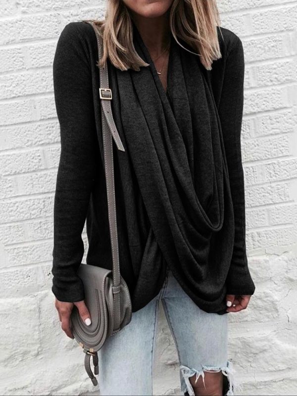 Women scarf collar long sleeve Tshirt Deep V-neck Solid winter tops New Casual loose T-Shirt Top streetwear - Hplify