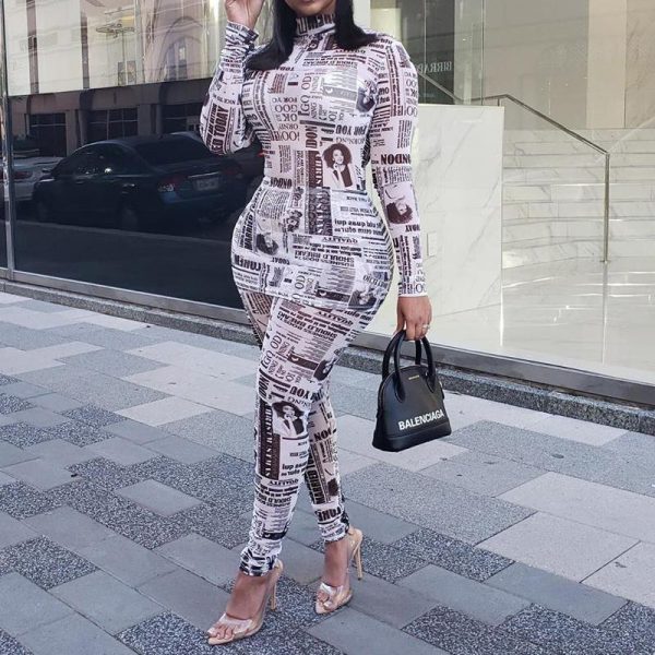 XXL Newspaper Print Two Piece Set Women Long Sleeve T Shirt and Pencil Pants Sets Streetwear 2019 Slinky 2 Piece Set Tracksuits - Hplify