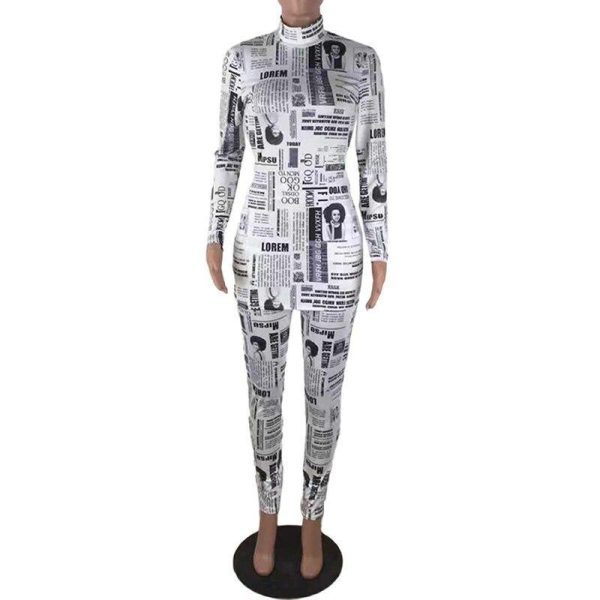 XXL Newspaper Print Two Piece Set Women Long Sleeve T Shirt and Pencil Pants Sets Streetwear 2019 Slinky 2 Piece Set Tracksuits - Hplify