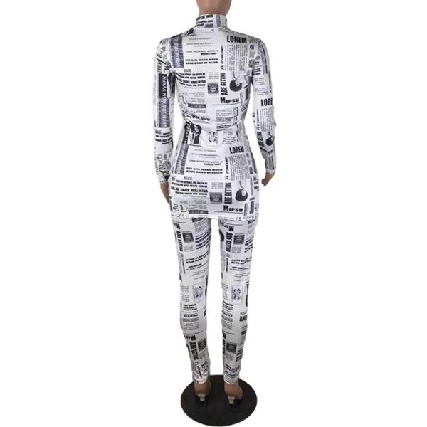 XXL Newspaper Print Two Piece Set Women Long Sleeve T Shirt and Pencil Pants Sets Streetwear 2019 Slinky 2 Piece Set Tracksuits - Hplify
