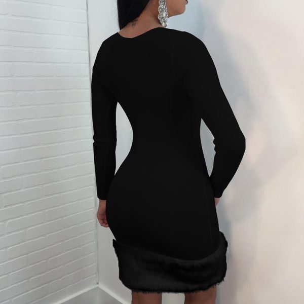 XXL Plus Size Solid Faxu Feather Patchwork Dress Women Slim Fit Mini Bodycon Dress Autumn Black Party Dresses - Hplify