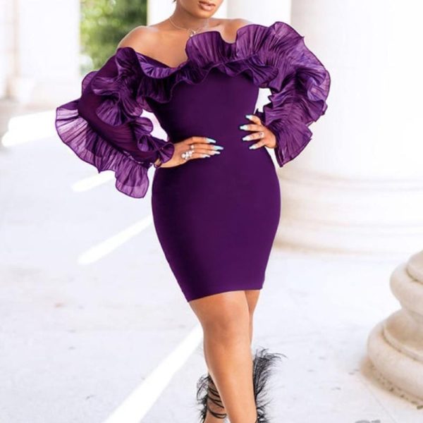 XXL Ruffles Shoulder Bodycon Dress Women Solif Color Elegant Long Sleeve Party Dress - Hplify