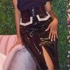 XXL Womon Faxu Leather Skirt Front Slit Knee High Waist Skirt Autumn Spring Skinny Pu Leather Pencil Skirts Saias Mujer - Hplify