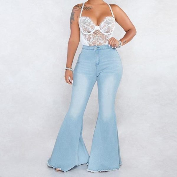 Zip up blue jeans woman Solid color high waist jeans Summer fashion long denim flare pants Push up skinny jeans women - Hplify