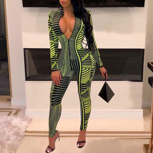 Zipper design jumpsuit for women Striped print long sleeve rompers womens jumpsuit Autumn 2019 streetwear Overalls femme - Hplify