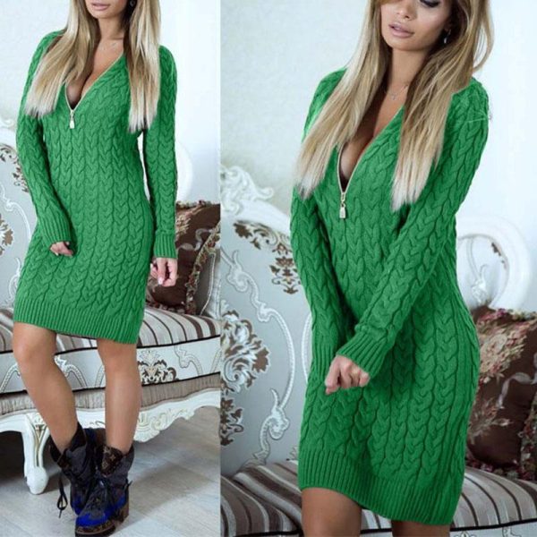 Zippered V Neck Long Sleeve Dress Women Soild Twised Slim Mini Sweater Dress Winter Casual Office Lady Dresses 2019 - Hplify