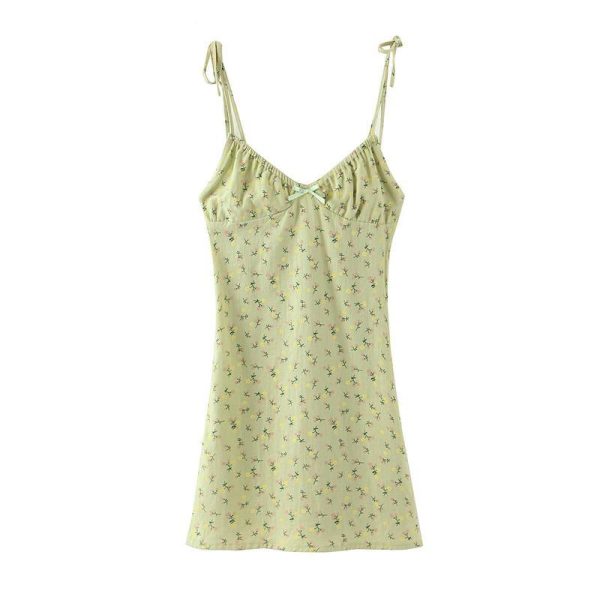 Chu Sau beauty New Casual Chic Floral Print Sling Mini Dress Women Holiday Bow V-neck Dress Summer Sexy Backless Ladies Dresses - Hplify