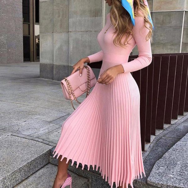 Women Knitted Long Dress Autumn Winter Slim Sleeve Ladies Dresses - Hplify