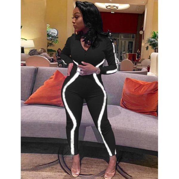 The Best Autumn Sports Tracksuits Women Striped Reflective Jumpsuits Girl Long Sleeve Zip Jumpsuit Casual Skinny Playsuit Plus Size Online - Hplify