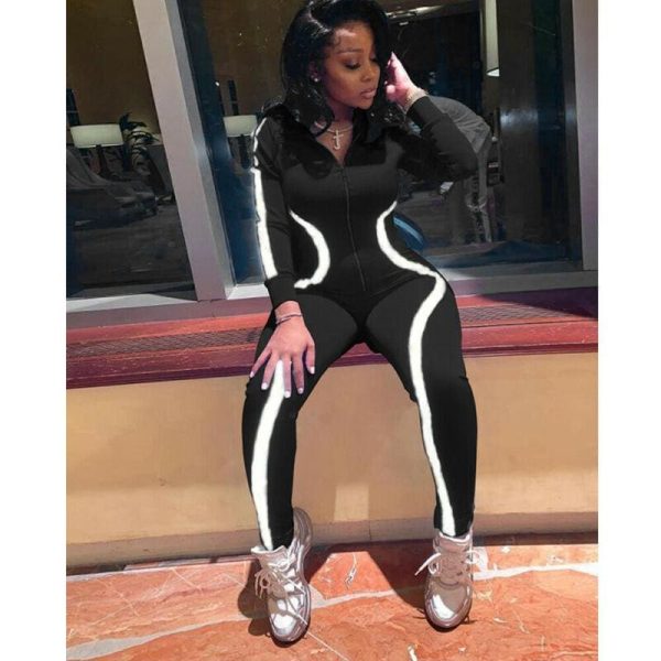 The Best Autumn Sports Tracksuits Women Striped Reflective Jumpsuits Girl Long Sleeve Zip Jumpsuit Casual Skinny Playsuit Plus Size Online - Hplify