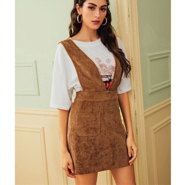 The Best Autumn Winter Women Double Pocket Corduroy Suspender Skirt Ladies Casual Frill Ruffle Elastic High Waist Skirt Online - Hplify