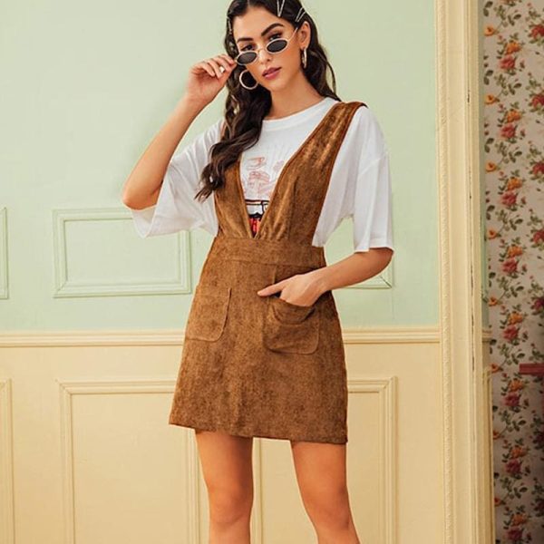 The Best Autumn Winter Women Double Pocket Corduroy Suspender Skirt Ladies Casual Frill Ruffle Elastic High Waist Skirt Online - Hplify