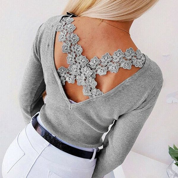 The Best Autumn Women Casual Blouse Ladies Backless Lace Cross Long Sleeve Knitting Slim Tops Loose Round Neck Shirt Online - Hplify