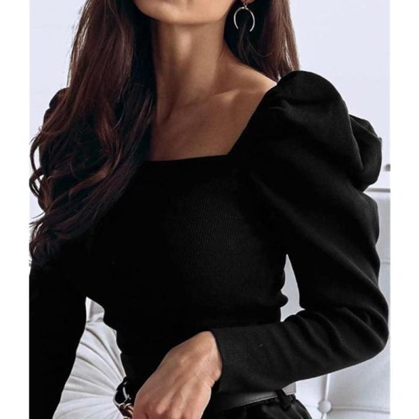 The Best Autumn Women Ladies Puff Long Sleeve Tops Pullover Bodysuit Fashion Ladies Square Neck Blouse Slin Fit Jumpsuit Tops Online - Hplify