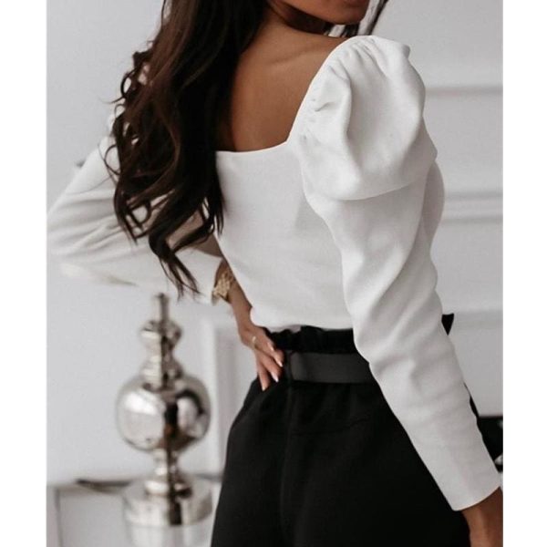 The Best Autumn Women Ladies Puff Long Sleeve Tops Pullover Bodysuit Fashion Ladies Square Neck Blouse Slin Fit Jumpsuit Tops Online - Hplify