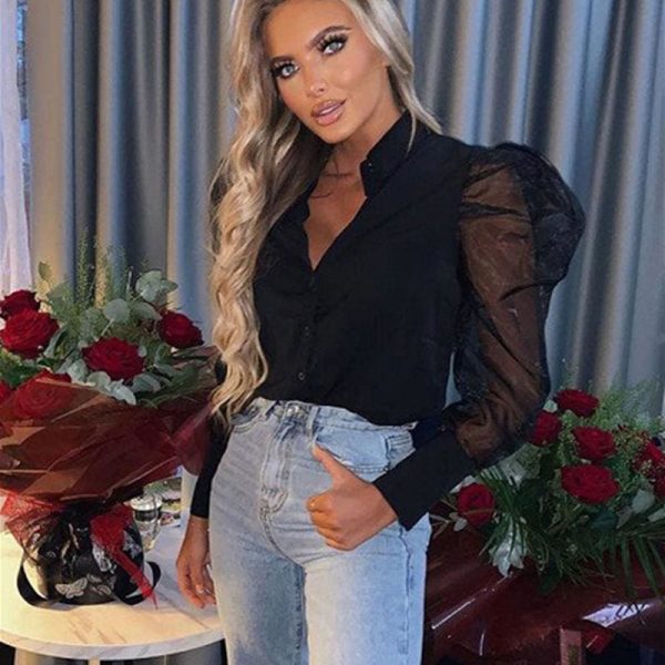 The Best Autumn Women Ladies Puff Mesh Long Sleeve Tops Shirts Blouse Slim Fit Casual Office Work Clubwear Tops New Online - Hplify
