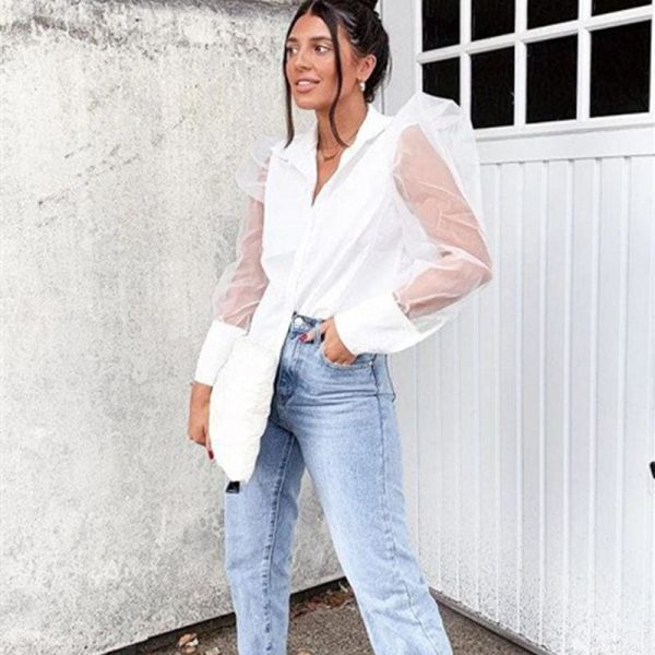 The Best Autumn Women Ladies Puff Mesh Long Sleeve Tops Shirts Blouse Slim Fit Casual Office Work Clubwear Tops New Online - Hplify