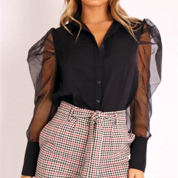 The Best Autumn Women Ladies Puff Mesh Long Sleeve Tops Shirts Blouse Slim Fit Casual Office Work Clubwear Tops New Online - Hplify