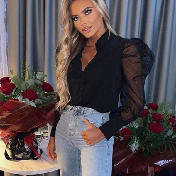 The Best Autumn Women Ladies Puff Mesh Long Sleeve Tops Shirts Blouse Slim Fit Casual Office Work Clubwear Tops New Online - Hplify