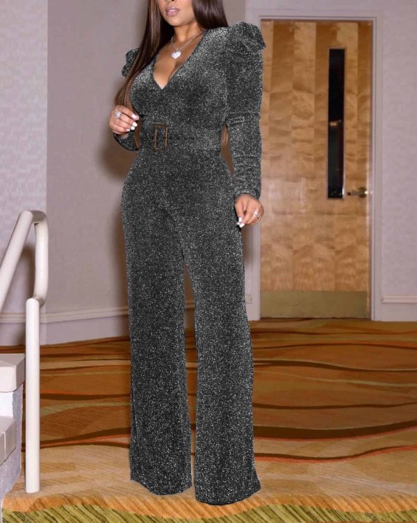 belted glitter long jumpsuit wide leg pants women solid shinny puff sleeve one piece jumpsuits Sexy v neck club outfits overalls - Hplify
