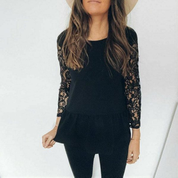 The Best Black lace Blouse Women Elegant Long Sleeve Sexy V Neck Shirts Tops Online - Hplify