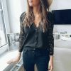 The Best Black lace Blouse Women Elegant Long Sleeve Sexy V Neck Shirts Tops Online - Hplify