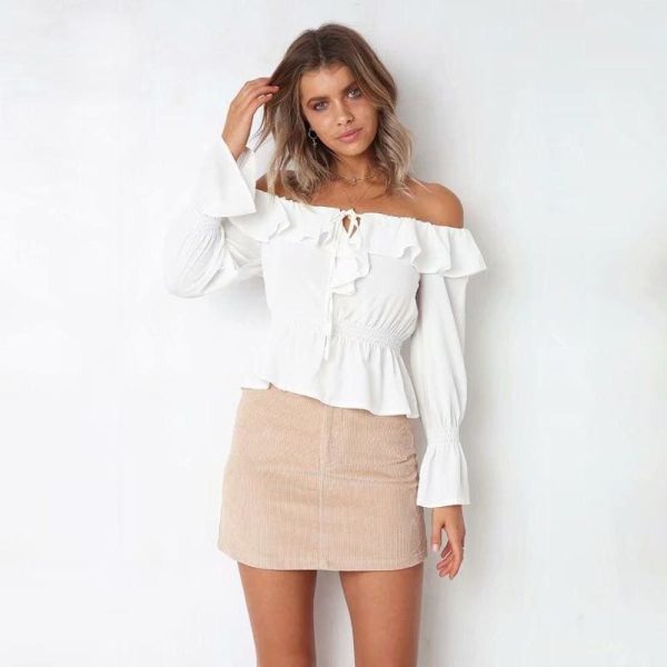 The Best Blouse Women Off Shoulder chiffon blouse Slim Slash Neck Ruffle Shirt Online - Hplify