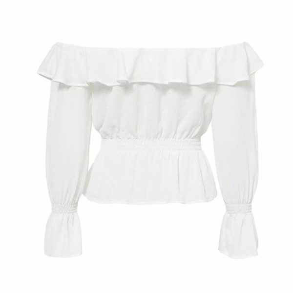 The Best Blouse Women Off Shoulder chiffon blouse Slim Slash Neck Ruffle Shirt Online - Hplify
