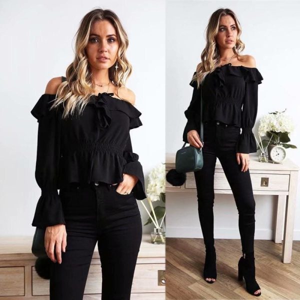 The Best Blouse Women Off Shoulder chiffon blouse Slim Slash Neck Ruffle Shirt Online - Hplify