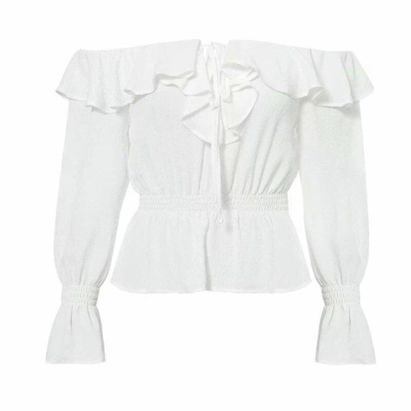 The Best Blouse Women Off Shoulder chiffon blouse Slim Slash Neck Ruffle Shirt Online - Hplify
