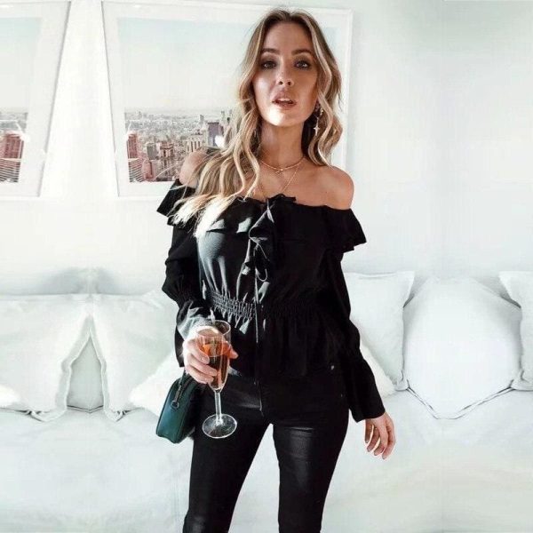 The Best Blouse Women Off Shoulder chiffon blouse Slim Slash Neck Ruffle Shirt Online - Hplify