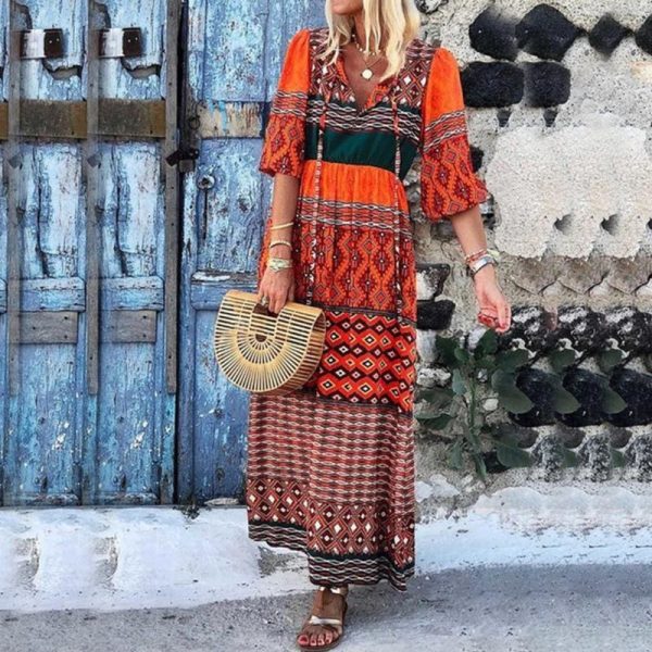 The Best Bohemian Women Summer Maxi Loose Dress Sleeveless Vintage Floral Print Deep V Neck Party Casual Beach Dress Sundress Online - Hplify