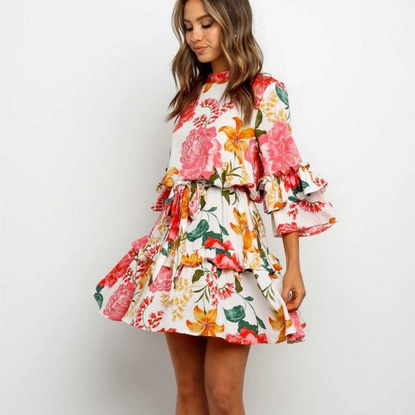 The Best Boho Beach Summer Flower Sundress Women Long Sleeve Ruffles Floral Mini Dress Elegant Ladies Evening Party Club Dames Dresses Online - Hplify
