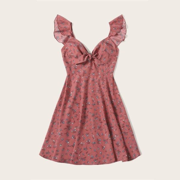 The Best Boho Ditsy Floral Knot Neck Ruffle Trim Summer Dress Online - Source Silk