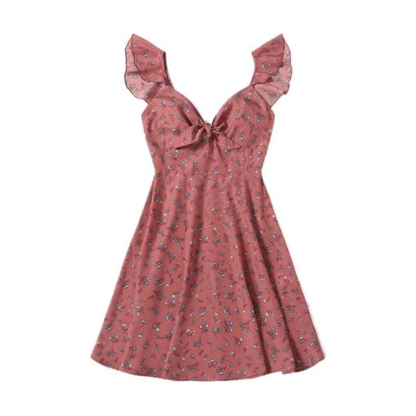The Best Boho Ditsy Floral Knot Neck Ruffle Trim Summer Dress Online - Source Silk
