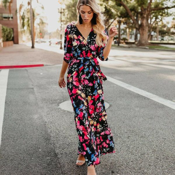 The Best Boho Floral Printed Long Maxi Dress Elegant Women Short Sleeve V-Neck Loose Dress Ladies Summer Party Beach Sundress Online - Hplify