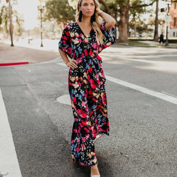 The Best Boho Floral Printed Long Maxi Dress Elegant Women Short Sleeve V-Neck Loose Dress Ladies Summer Party Beach Sundress Online - Hplify