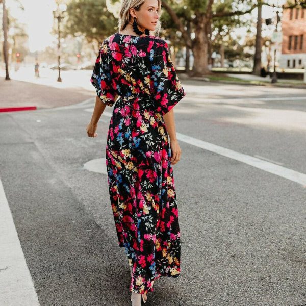 The Best Boho Floral Printed Long Maxi Dress Elegant Women Short Sleeve V-Neck Loose Dress Ladies Summer Party Beach Sundress Online - Hplify