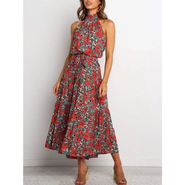 The Best Boho Maxi Floral Dress Summer Ladies Sleeveless Halter Neck Casual Holiday Party Long Flower Dress Online - Hplify