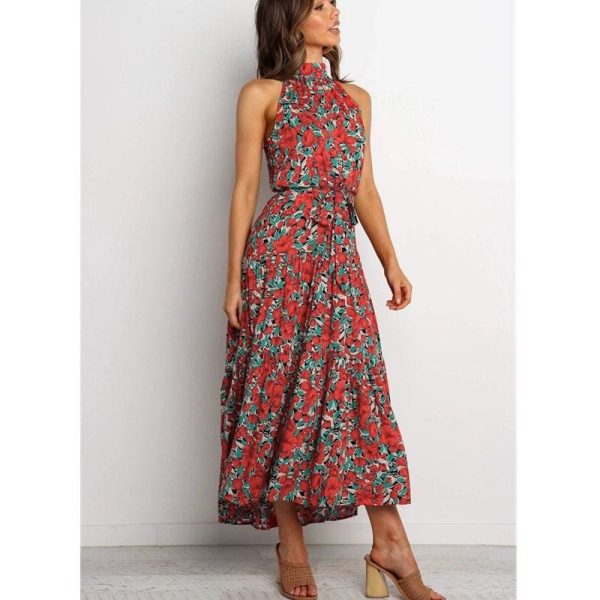 The Best Boho Maxi Floral Dress Summer Ladies Sleeveless Halter Neck Casual Holiday Party Long Flower Dress Online - Hplify