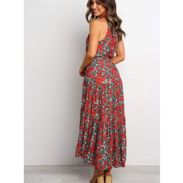 The Best Boho Maxi Floral Dress Summer Ladies Sleeveless Halter Neck Casual Holiday Party Long Flower Dress Online - Hplify