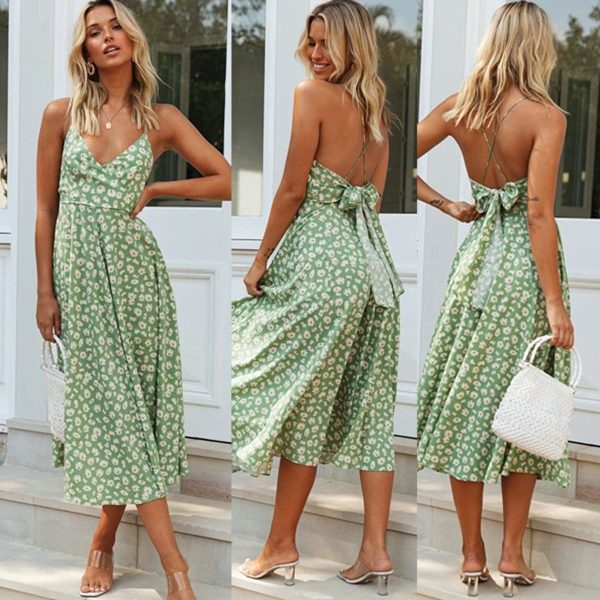 The Best Boho Print Maxi Dress Sleeveless Evening Party Beach Dress V-Neck Sundress Backless Online - Hplify