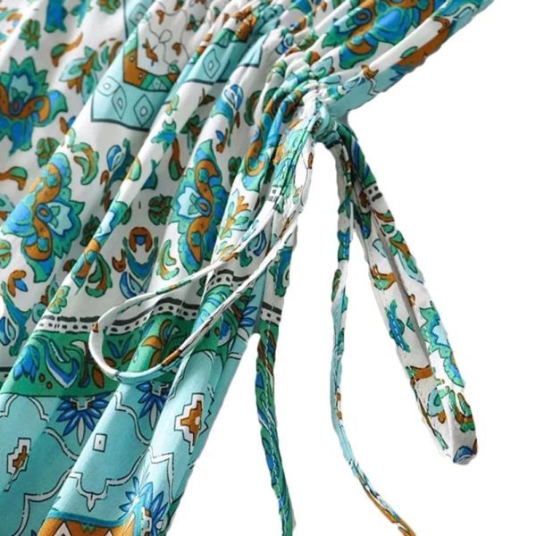 The Best Boho Print Slinky Dress Ladies Expansion Skirt Lace-Up V-neck One-Piece Dress Short Sleeve Tight Dress Online - Hplify