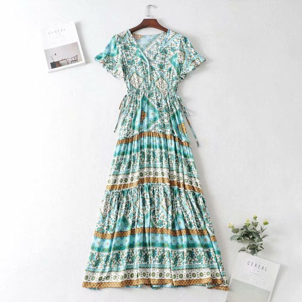 The Best Boho Print Slinky Dress Ladies Expansion Skirt Lace-Up V-neck One-Piece Dress Short Sleeve Tight Dress Online - Hplify
