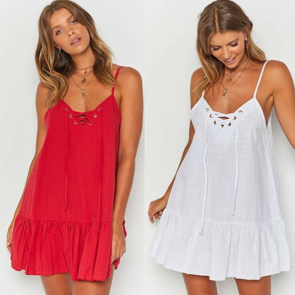 The Best Boho Solid Sleeveless Mini Dress Ladies Beach Holiday Loose Dress Online - Hplify